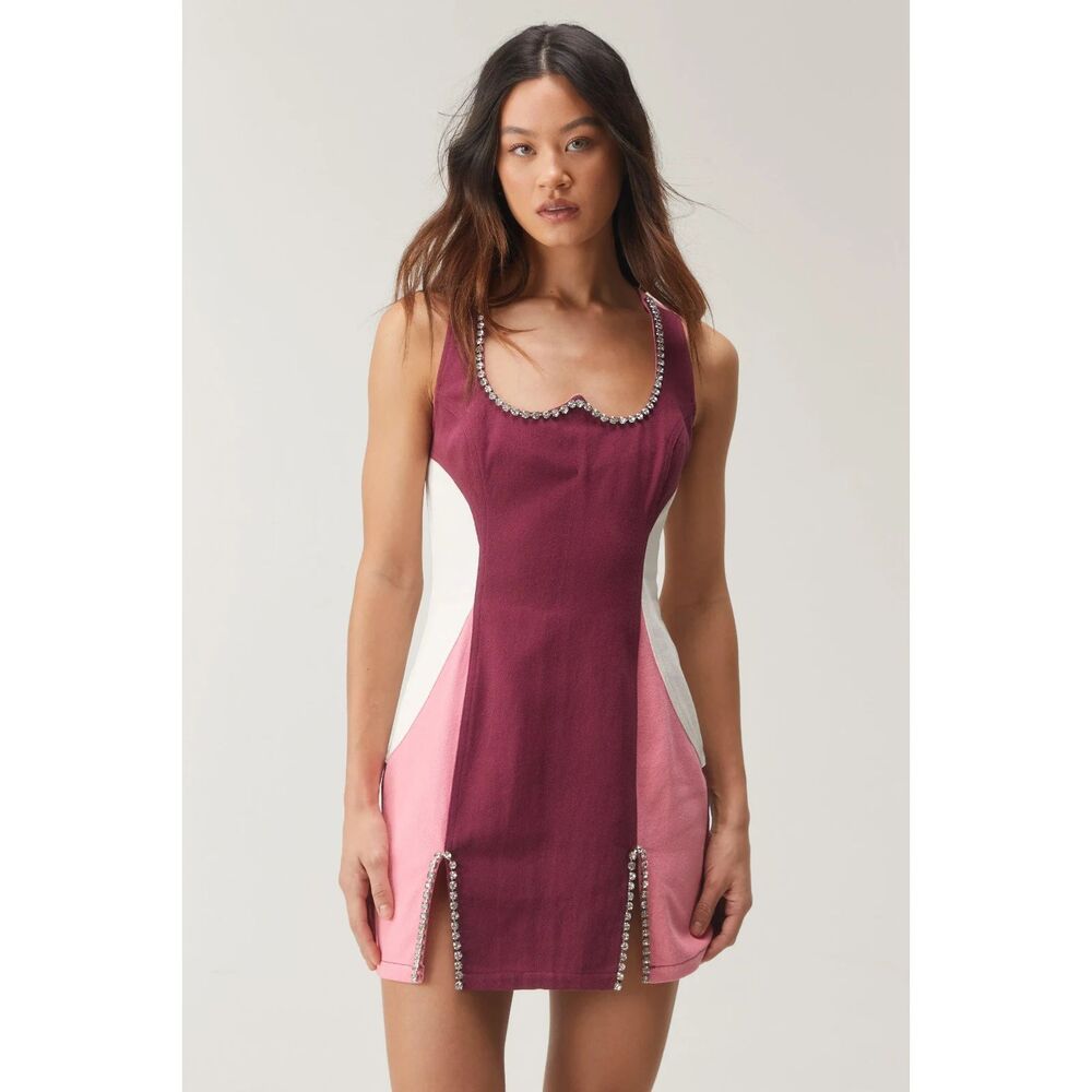 Diamante Embellished Denim Mini Dress Pink Sz 12